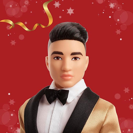 Barbie Signature 2025 Holiday Black Hair Ken Collectible Fashion Doll Wearing Full Suit with Golden Jacket in Displayable Packaging & Doll Stand