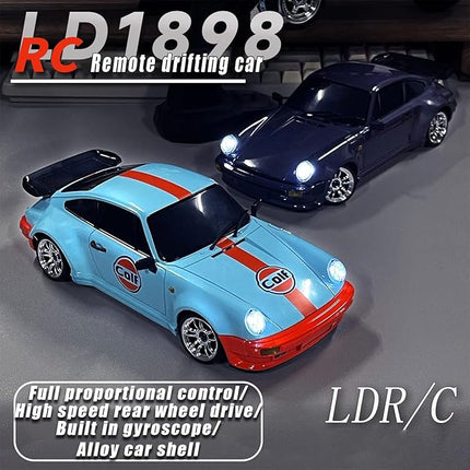 LDRC 1898 1:18 RC Drift Car 911 2.4GHz RWD with Gyroscope on-Road Alloy Body Shell Racing Cars Radio Control (Blue)