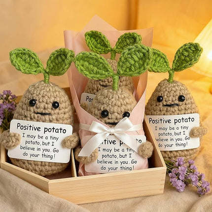 Mini Positive Cute Funny Life Potato and Taco Crochet Emotional Support Crochet Knitted Holding Card Crochet Birthday Christmas Girls Gifts Party Office Desk Decor
