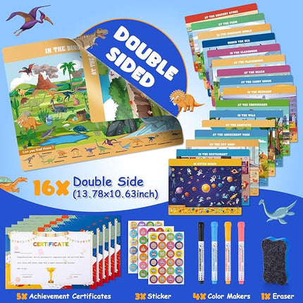 Search Find Activity Books for Kids 3-5 Preschool Learning Activities Reusable Busy Book with 4 Markers 16 Educational Theme Kids Games 4-8 Road Trip Activities Toddler Travel Car Game Toy Gift