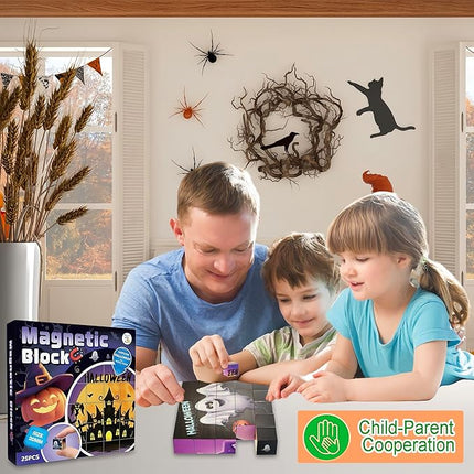 Magnetic Blocks Building Toy,Ritastar 25pcs Mine Stacking Magnet Build Cubes Cartoon Pattern World,STEM Sensory Construction Toys for Kids Gift,Educational Jigsaw Puzzle Set with 3D Halloween Designs