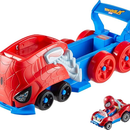 Hot Wheels Toy Car Track Set, Spider-Man Large-Scale Launcher and Hauler with Die-Cast RacerVerse Vehicle