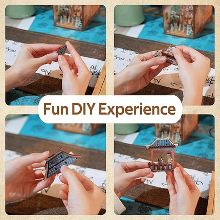 Tonecheer DIY Book Nook Kit for Adults, Wooden 3D Puzzle Bookend Bookshelf Insert Decor, Chinese Booknook Miniature House Kit with Dust Cover and Body Motion Sensor LED (Song Dynasty Culture)