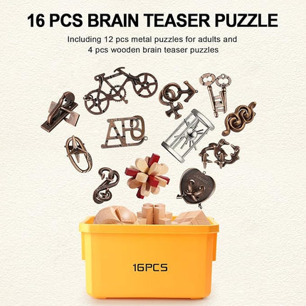 Metal Brain Teaser Puzzles Ring Puzzles Metal Wooden Brain Teaser Puzzle 16pcs Logic Metal Puzzle for Adult Kid Toy Lock Puzzles Gift for Adults Teenagers Kids