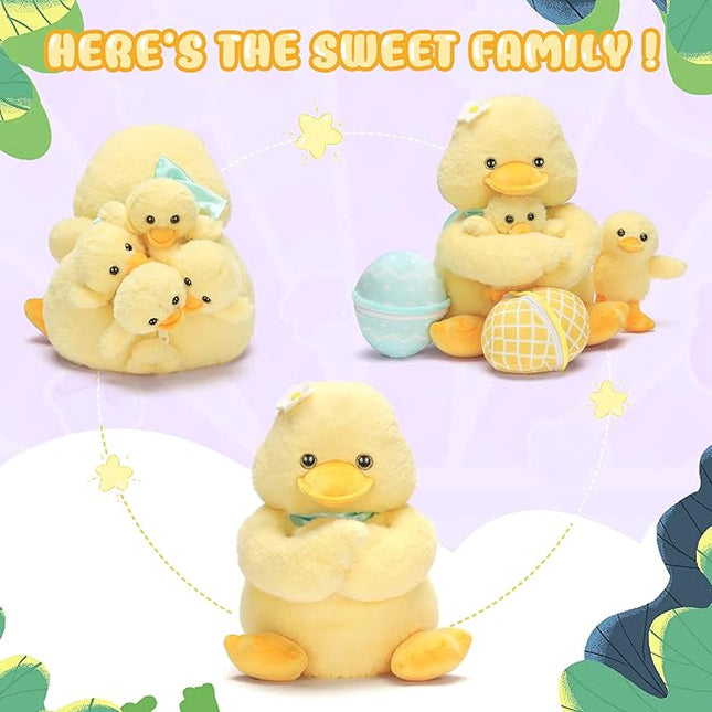 IKASA Mommy Duck Stuffed Animal Mom and Baby Plush Toy, Cute 13.5 inches Soft Small Mama Family Set Cuddly Toy with Little Mini Babies,Gifts for Kids