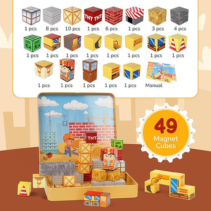 49PCS Mini Magnetic Blocks Construction Set - STEM Toddler Toys with Portable Iron Box, Travel Magnet Cubes for Kids Ages 3-8, Educational Gift for Boys & Girls