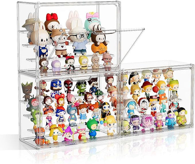 Clear Acrylic Display Case for Collectibles 4 Layer Hobby Figure Display Case Box with Shelves Stackable Figurine Display Shelf for Funko Pop, Pop Mart, Labubu, Model, 3 Pack