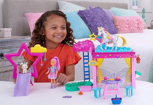 Barbie A Touch of Magic Chelsea Small Doll & Pegasus Playset with Stable, Slide, Pet Bunny 10+ Accessories, Color-Change Winged Horse Toy