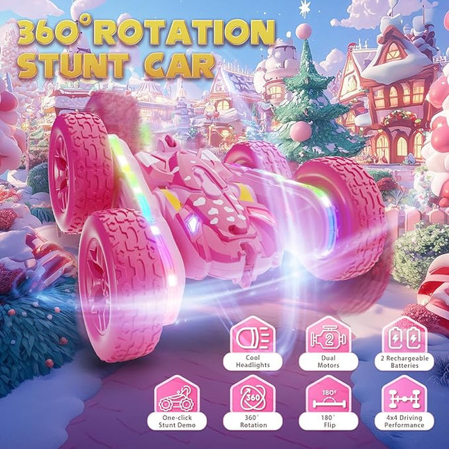 Remote Control Car for Girls, Pink RC Cars Stunt RC Car Girl Toys for Girls Double-Sided 360° Rotating with Headlights 4WD Kid Toys for Birthday Gifts (Pink)