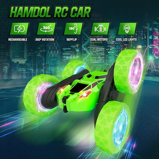 Remote Control Car, Double Sided 360°Rotating 4WD RC Cars with Headlights 2.4GHz Electric Race Stunt Toy Car Rechargeable Toy Cars for Boys Girls Birthday (Green)