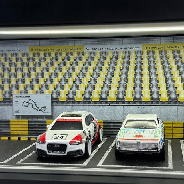 1/64 Model Car Display Case - Compatible with Hot Wheels Matchbox Mini GT Diecast Cars,Acrylic Box for Toy Cars Display Décor and Storage,Stackable Garage Diorama with LED Lights(1T-Grandstan)