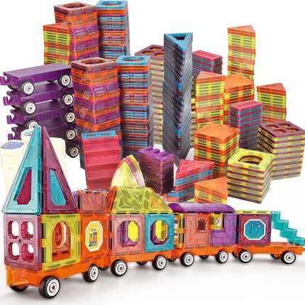 Magnetic Tiles Building Blocks with 4 Cars Magnet Train Set for Kids Construction STEM Toy Preschool Educational Creativity Learning Brithday Gift for Girls Boys Toddlers 3 4 5 6 7 8