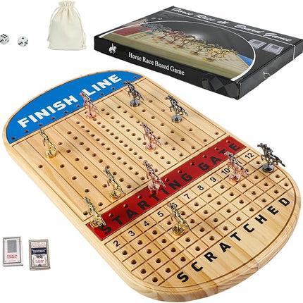 Large 21 Inches Horse Racing Board Game with 11 Luxury Metal Horses Thickened Wood Finish Line Horse Race Game Chessboard Including Dices and Cards (Log,Oval)