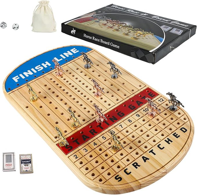 Large 21 Inches Horse Racing Board Game with 11 Luxury Metal Horses Thickened Wood Finish Line Horse Race Game Chessboard Including Dices and Cards (Log,Oval)