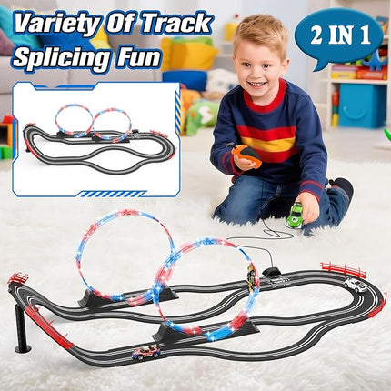 2-in-1 Slot Car Race Track Set with 4 High-Speed Cars, Electric Track, Dual Racing Game with 2 Controllers, Circular Overpass Design Featuring Flash Tracks. Toy Gift for Boys Kids Ages 4-6 6-8 8-12