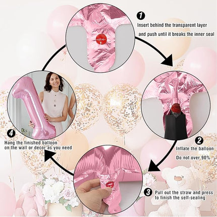 Smlpuame Pastel Pink 1 Balloons, 40 Inch Large Light Pink Foil Number Balloons 0-10, Self-Sealing 1st Birthday Balloon for Girls Women Anniversary Baby Shower Princess Party Decorations Supplies