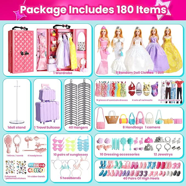 UCanaan 180 Pcs Doll Clothes and Accessories (with Dolls), Princess Gowns, Dresses, Tops, Pants, Jumpsuits, Swimsuits, Shoes, Hangers, etc. Girls Doll Dress Up Toys, Kids Toddler Toys Gifts
