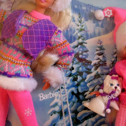 BARBIE WINTER HOLIDAY Set SLEDDING FUN w 4 DOLLS (Skipper, Kelly, Stacie & Barbie), Koko (Dog), SLED & More (1995)