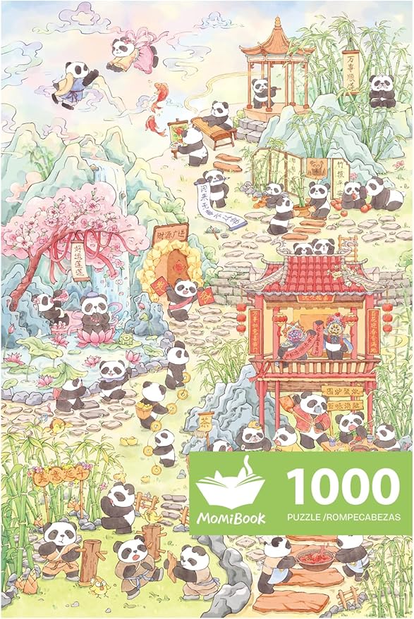 MOMIBOOK Puzzles for Adults 1000 Pieces Jigsaw Puzzles of Comfortable Panda, Flocking Painting Image Chinese Difficult Challenging Hard Impossible Puzzle Unique Funny Party Christmas Birthday Gifts
