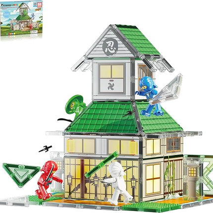 PicassoTiles Magnet Tile Building Blocks Ninja Dojo House Theme STEM Playset with 4 Character Action Figure Ninjas Weapon Accessories Magnetic Tiles Educational Toy Pretend Play Toddlers Ages 3+ PTQ07
