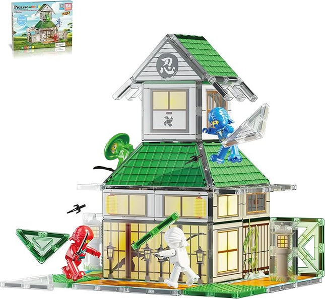 PicassoTiles Magnet Tile Building Blocks Ninja Dojo House Theme STEM Playset with 4 Character Action Figure Ninjas Weapon Accessories Magnetic Tiles Educational Toy Pretend Play Toddlers Ages 3+ PTQ07