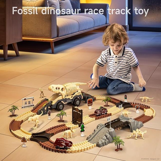TUMAMA Dinosaur Toys Race Car Track, Flexible Dinosaur Track Toys Set, Create a Dinosaur World Road Race, Birthday for 3 4 5 6 7 Years Old Boys Girls Kids