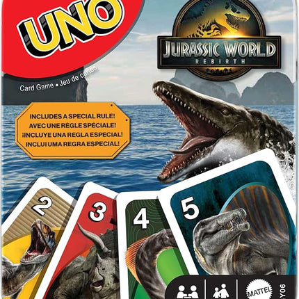 Mattel Games UNO Jurassic World Rebirth Card Game in a Collectible Tin for Kids, Adults & Family with Special Rule & Images Inspired by The Movie