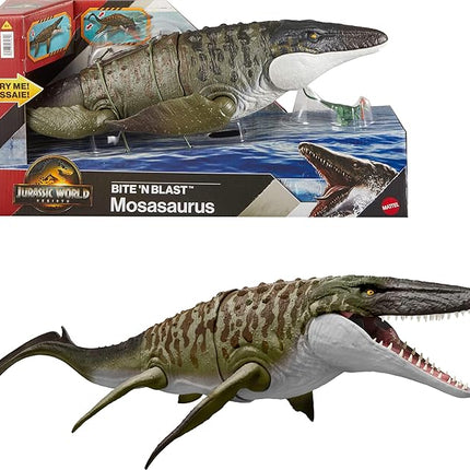 Mattel Jurassic World Rebirth Bite N Blast Mosasaurus Action Figure & Mini Dilophosaurus, Wide Jaw Dinosaur Toy, Movie-Accurate Posable, Digital Play