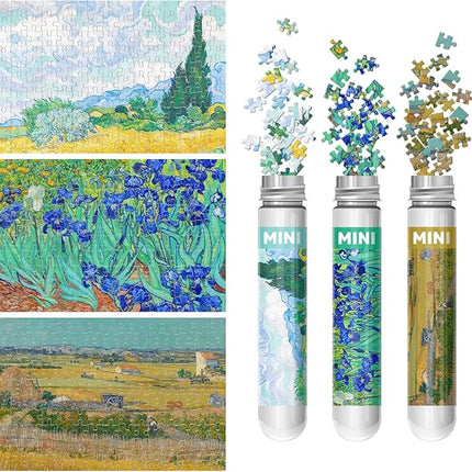 150 Pieces Mini Jigsaw Puzzles for Adults & Kids, 6" x 4" Small Jigsaw Puzzles Capsule Tube Jigsaw Puzzles Intelligent Game, Wheat Field with Cypresses Irises The Harvest (Wheatfields) 3 Pack