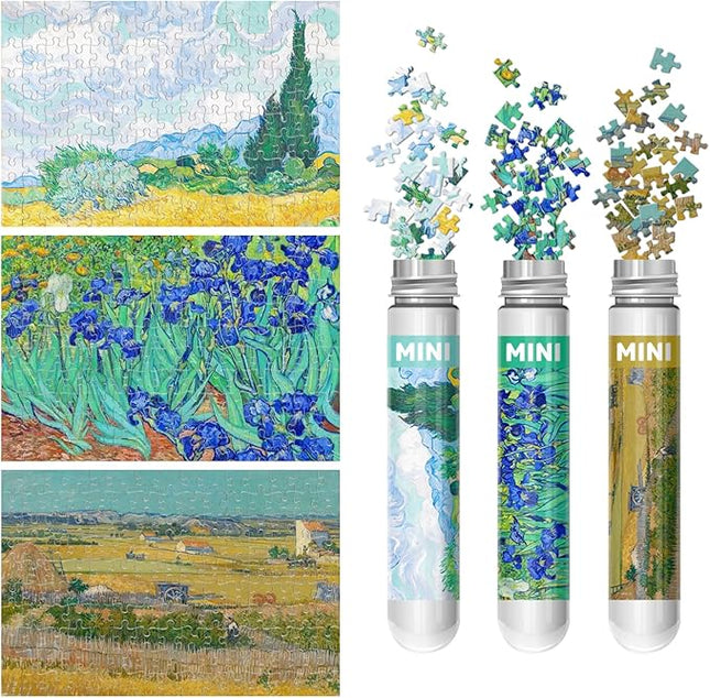 150 Pieces Mini Jigsaw Puzzles for Adults & Kids, 6" x 4" Small Jigsaw Puzzles Capsule Tube Jigsaw Puzzles Intelligent Game, Wheat Field with Cypresses Irises The Harvest (Wheatfields) 3 Pack