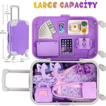 17 Pcs Doll Clothes and Accessories Suitcase Travel Set - Miniature Laptop Computer Tablet Phone, Suitcase,Backpack Bag,Clothes Set,Shoes,Telescope,Dollars,Omelette Toast Set for 11.5" Doll