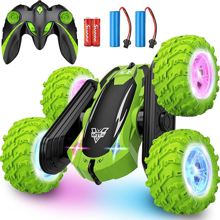 KKONES Remote Control Car, 2.4GHz Electric Race Stunt Car, Double Sided 360° Rolling Rotating Rotation, LED Headlights RC 4WD High Speed Off Road Gift for 3 4 5 6 7 8-12 Year Old Boy Toys (Green)
