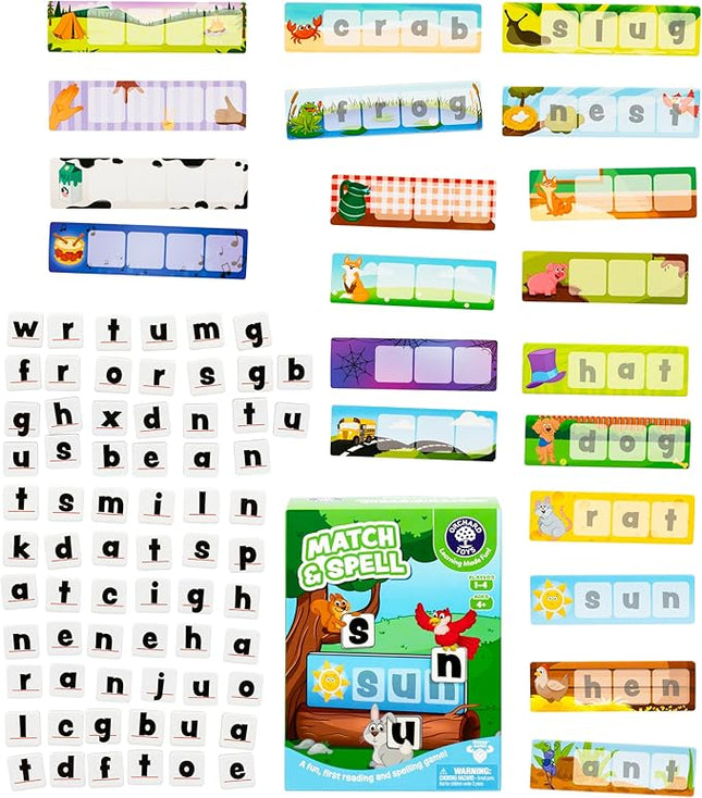 ORCHARD TOYS Match & Spell Game - New Art, Develop Your Children's Early Reading and Spelling Skills in This Updated, Fun Word-Building, 2 Ways to Play, for Ages 4+, Single or Multiplayer