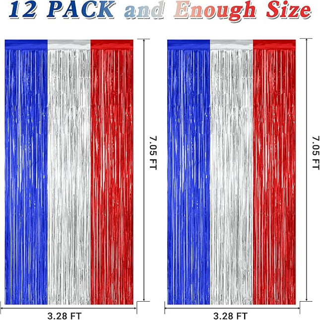12 Pack 4th of July Decorations, 3.28 FT x 7.05 FT Patriotic Tinsel Backdrop, Metallic Blue Silver Red Fringe Curtains Party Streamer Foil Backdrop, Independence Day Party Supplies Patriotic Decor