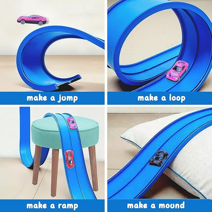 Flexible Race Car Ramp Track for Kids Toy 4 Small Race Cars and 8 Suction Cups Compatible with Hot Wheels and Diecast 1/64th Cars, Rolls Up Portable Racetrack for Ages 3 & Up (Dark Blue)