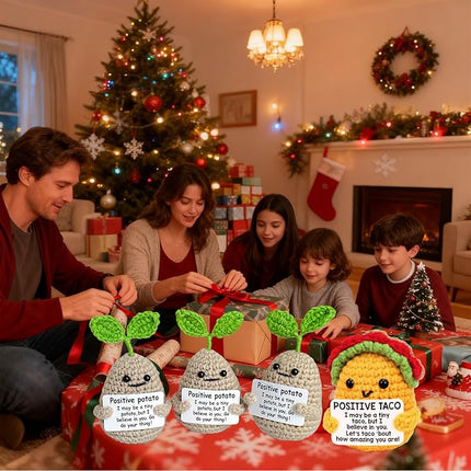 Mini Positive Cute Funny Life Potato and Taco Crochet Emotional Support Crochet Knitted Holding Card Crochet Birthday Christmas Girls Gifts Party Office Desk Decor