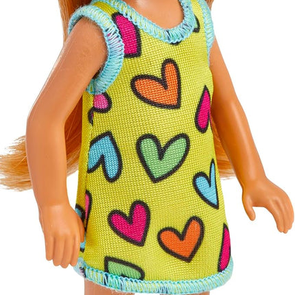 Barbie Chelsea Small Doll in Yellow Heart-Print Dress & Sneakers with Blonde Ponytail & Blue Eyes