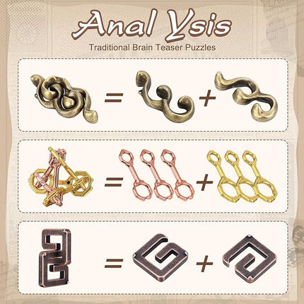 Wettarn 9 Pcs Metal Brain Teaser Puzzles Teaser 3D Steel Puzzle for Adults Unlock Interlocking Games IQ Education Smart Logic Test Toys for Adults Mind Challenge(Adorable Style)