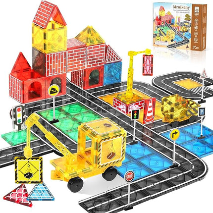 Magnetic Tiles Road Set Kids Toys, Magnetic City Construction Toys with Magnet Crane for 3+ Year Old Boys Girls, STEM Magnet Blocks Building for Kids Ages 3-5 4-8