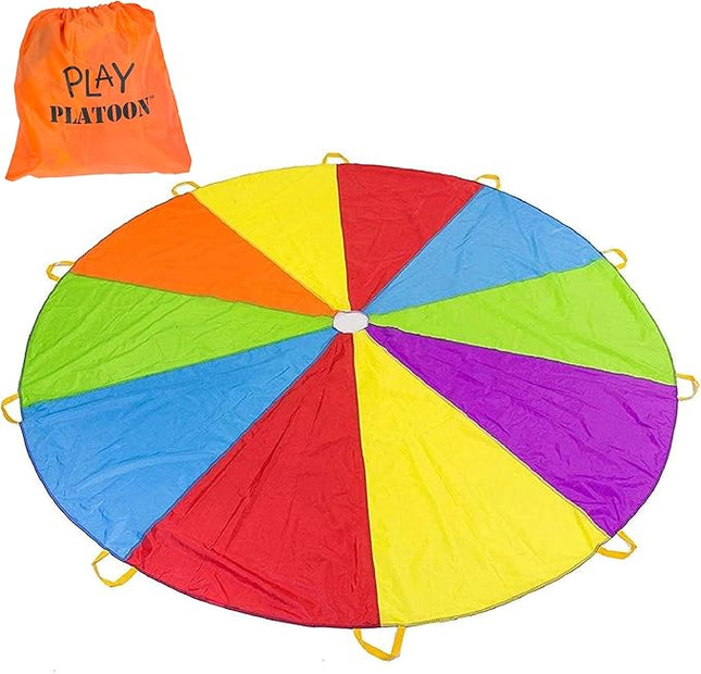 Play Platoon Rainbow Parachute Toy for Kids with Handle, 10 ft Play Parachute Game with 10 Handles, PE Equipment for Elementary School Gym Class, Backyard