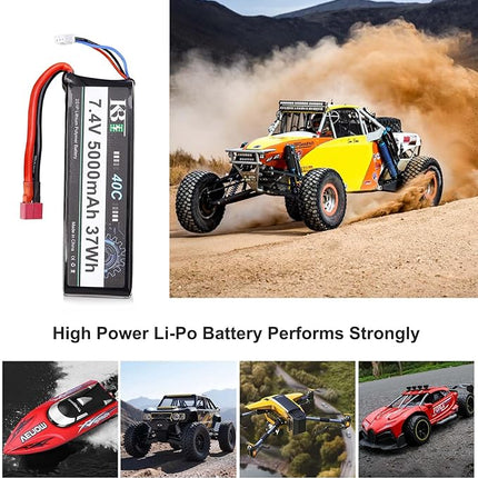 KBT 2S 7.4V LiPo High Discharge Rate Battery 40C(Burst 80C) 5000mAh Rechargeable Soft Pack Lithium Polymer Battery with T Plug for RC Car Boat Trucks 1/8 1/10 Racing Buggy