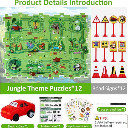 25PCS Puzzle Racer Kids Car Track Set, Jungle Themed Series, Educational Car Puzzle Toys Gifts for Kids and Boys