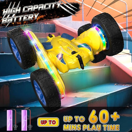 Remote Control Car,RC Cars with Sides Light Strip and Headlights,Double Sided 360 Flips Rotating RC Stunt Car,2.4Ghz All Terrain Toys for Ages 4-6 Kids Toy for Boys Girls Birthday Gift(Yellow)