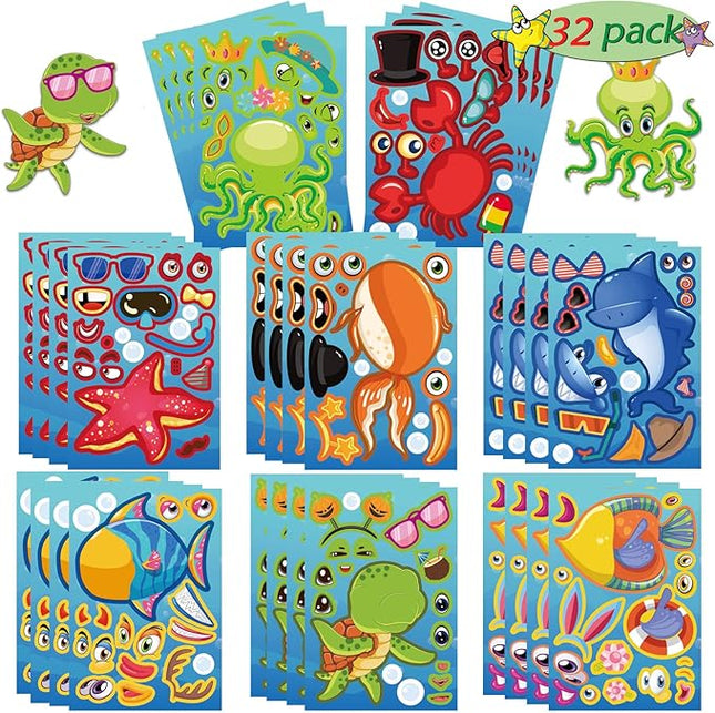 32 Sheets Make Your Own Ocean Animals Stickers for Kids Classroom DIY Art Craft Teacher Rewards Summer Party Favor Sticker for Birthday Gift Children Room Ocean Decorated