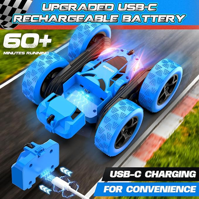 Remote Control Car, RC Cars Toys for Kids Ages 6-12, 4WD Stunt Car with LED Lights & 360° Flips, 2.4GHz, Upgraded USB-C Modular Batteries, 6-10 Year Old Boys Birthday Gift - Blue