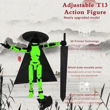 Already Assembled T13 Action Figure Accessories,Dummy 13 T13 Multi-Jointed Movable 3D Printed Toys (Green Orange)