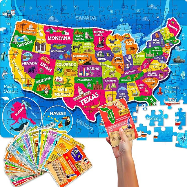 QUOKKA Puzzles for Kids Ages 8-10 - 150 Pcs Jigsaw Puzzles for 6-8 Year Olds - 400+ Facts on 50 Double - Sided Flashcards - Learn USA Education Activity Gift - Shaped Puzzle for Toddlers 4-6