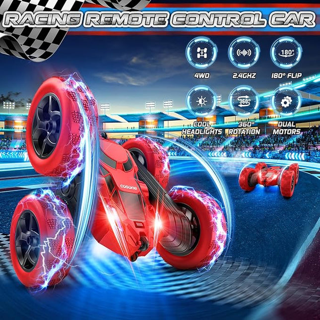 Remote Control Car for Boys - Car Toy for Kids Age 6 7 8 9, 4WD 2.4Ghz Double Sided 360° Rotating RC Cars with Headlights, Christmas Birthday for Boys and Girls - Red