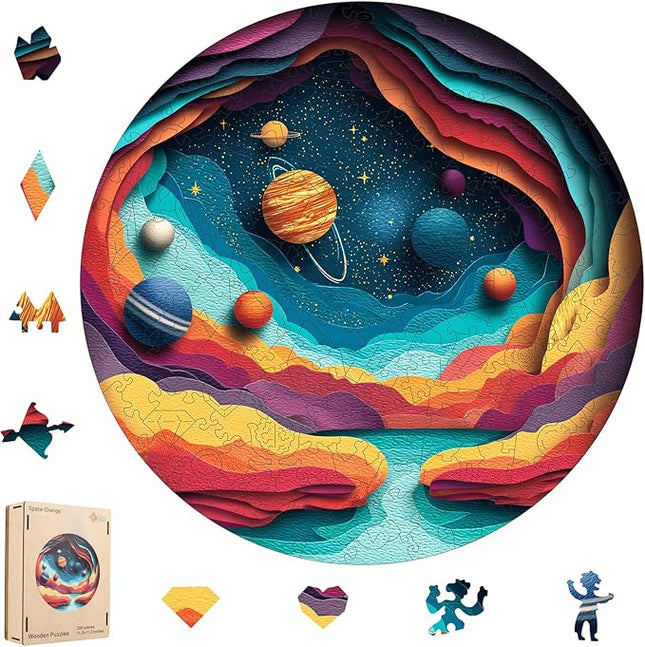 Space Wooden Puzzles 200 Pieces - Unique Solar System Jigsaw Puzzle with Irregular Wood Pieces, Fun Family Game for Adults and Kids, Educational Galaxy Gift, 11.2x11.2 in