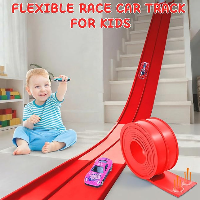 Flexible Race Car Ramp Track for Kids Toy 4 Small Race Cars and 8 Suction Cups Compatible with Hot Wheels and Diecast 1/64th Cars, Rolls Up Portable Racetrack for Ages 3 & Up (Red)